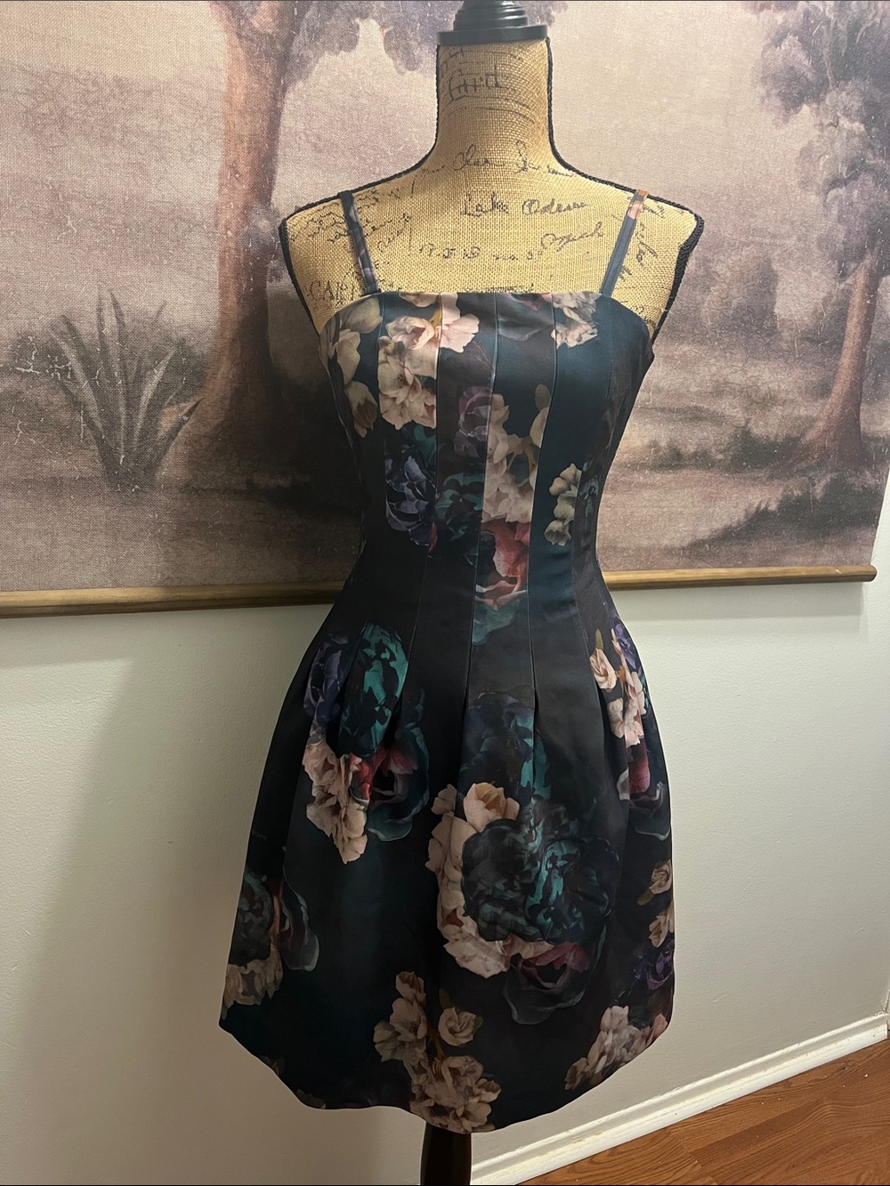 New ( no tags)H&M Black Floral Satin Midi Dress with Straps
